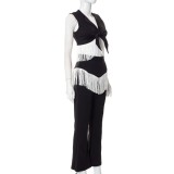 Women clothes Summer Solid Color Casual Fringe Tied Knot Top Pants two Piece Set