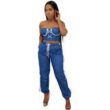Women clothes Fashion Strapless Lace-Up Casual Two Piece Pants Set