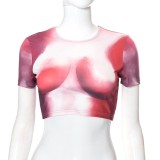 Women Summer Sexy Contrast Print Open Waist Top Tight Fitting Short Sleeve T-Shirt