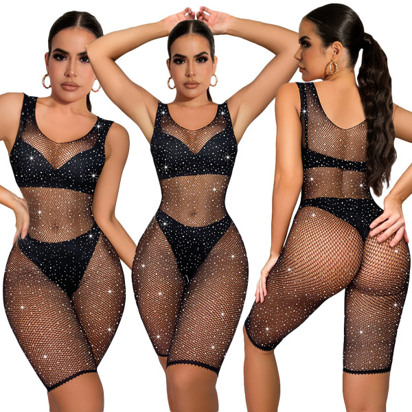 Women clothes Sexy Mesh Cutout Sexy Tight Fitting Beaded Bodysuit