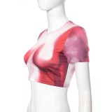 Women Summer Sexy Contrast Print Open Waist Top Tight Fitting Short Sleeve T-Shirt