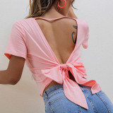 Lace-up T-Shirt Bow Low Back Short Sleeve Yoga Running Loose Breathable Gym Basic Cover Up Top
