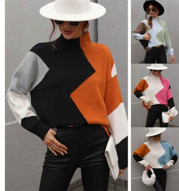 Fall/Winter Loose Colorblock Round Neck Knitting Shirt Women's Pullover Sweater