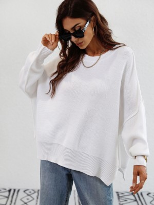 Fall/Winter Fashion Long Sleeve Round Neck Knitting Loose Split Pullover Sweater Women