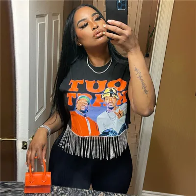Summer Women Fashion Round Neck Sleeveless Tassels Print T-Shirt Women