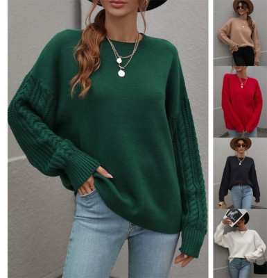 Autumn and winter solid color knitting shirt women's long-sleeved Round Neck top sweater women