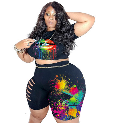 Plus Size Women's Fashion Casual Ripped Lips Positioning Print Two Piece