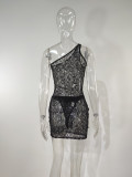 Women's Slash Shoulder Tank Top Sexy See-Through Lace Tight Fitting Bodycon Dress