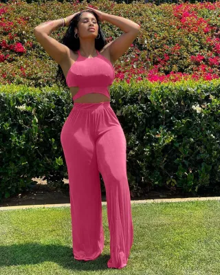 Women's solid color sexy top and pants velvet two-piece set