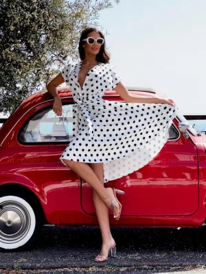 Summer Short Sleeve V-Neck Button Polka Dot Dress