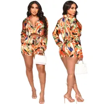 Women Fashion Casual Print Long Sleeve Shirt + Shorts Two Piece Set