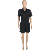 Women Fashion Casual Solid Color Pocket Button Turndown Collar Loose Short Sleeve Cargo Romper