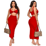 Women Solid Color Sleeveless Strapless Top + Dress Two Piece Set