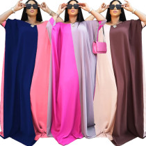 Plus Size Women Summer African Muslim Color Contrast Shorts Sleeve Dress