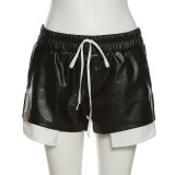 Women Fashion Contrast Color PU Leather Lace-Up High Waist Shorts