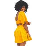 Women Summer Solid Square Neck Cutout Ruffle Dress