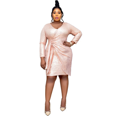 Plus Size Women African Sequin V-neck Long Sleeve Dress