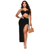 Women solid color pleated crop top + Dress two-piece set