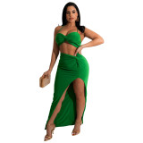 Women solid color pleated crop top + Dress two-piece set