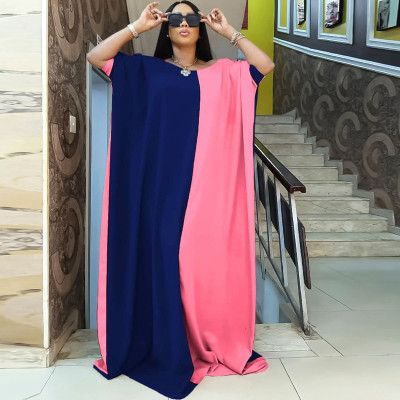 Plus Size Women Summer African Muslim Color Contrast Shorts Sleeve Dress