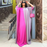 Plus Size Women Summer African Muslim Color Contrast Shorts Sleeve Dress