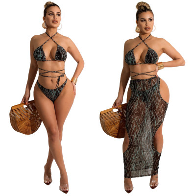Women Summer Sexy See-Through Print Beach Bikini Dress Two Piece