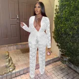 Fashion Women summer lace long sleeve top + trousers two-piece set with belt