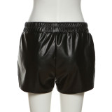 Women Fashion Contrast Color PU Leather Lace-Up High Waist Shorts
