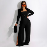 Women Solid zipper with hood See-Through Wide Leg Pants Two Piece