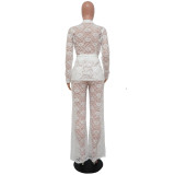 Fashion Women summer lace long sleeve top + trousers two-piece set with belt
