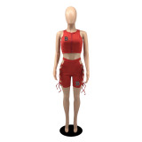 Women Summer Sleeveless Zipper Hollow Lace-Up Top + Shorts Two-Piece Set
