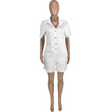 Women Fashion Casual Solid Color Pocket Button Turndown Collar Loose Short Sleeve Cargo Romper