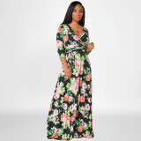 Floral Print Long Sleeve High Waist Belt Wrap Maxi Dress Plus Size Women clothes