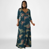 Large Swing Leaf Print Deep V Belted Wrap Maxi Long Plus Size Dress Women clothes