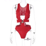 Women clothes Solid Color Sexy Patchwork Hollow Tie Waist Beach One Piece Swimsuit