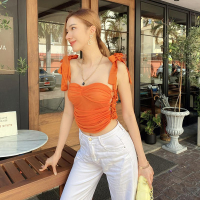 Summer Solid Color Tie Strap Sleeveless Side Hollow Out Crop Mesh Women Vest Top