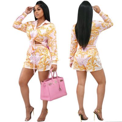 Women clothes Casual Printed Single Breasted Shirt Long Sleeve + Shorts Two Piece Set