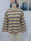 Fall/Winter Patchwork Knitting Shirt Women's Loose Two Color Round Neck Striped Women Sweater