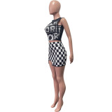 Women clothes Fashion Print Sleeveless Vest Checker Mini Slit Skirt Two Piece Set