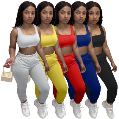 Fashion Women clothes Solid Color Sleeveles Crop Tank Top Sports Pants Casual Two Piece Set