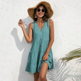 Women clothes style fashion Casual Sleeveless V-neck solid color dress