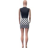 Women clothes Fashion Print Sleeveless Vest Checker Mini Slit Skirt Two Piece Set
