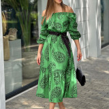 Women clothes Style Off Shoulder Swing Long Sleeve Maxi Print Dress