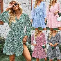 Spring and Autumn Print Long Sleeve V Neck Casual Chic Dress