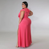 Fashion Short Sleeve V-Neck Solid Color Plus Size Women's Split Maxi Dress