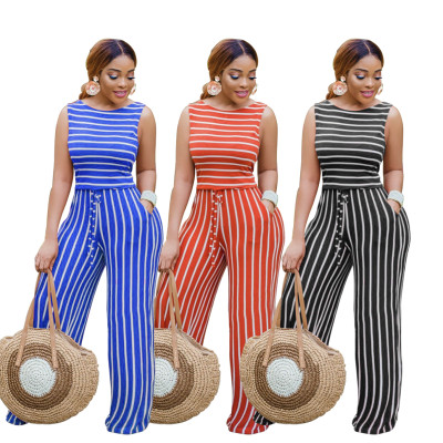 Women clothes Striped Round Neck Tank Top Wide Leg Pants Two Piece Set