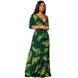 Large Swing Leaf Print Deep V Belted Wrap Maxi Long Plus Size Dress Women clothes