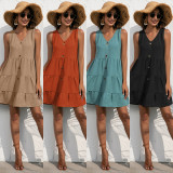 Women clothes style fashion Casual Sleeveless V-neck solid color dress