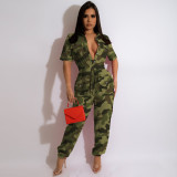 Women clothes Classic Cargo Pants Multi-pocket Short Sleeve camouflage Casual Jumpsuit
