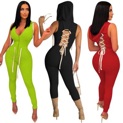 Women clothes Fashion Lace-Up V-Neck Hooded Jumpsuit